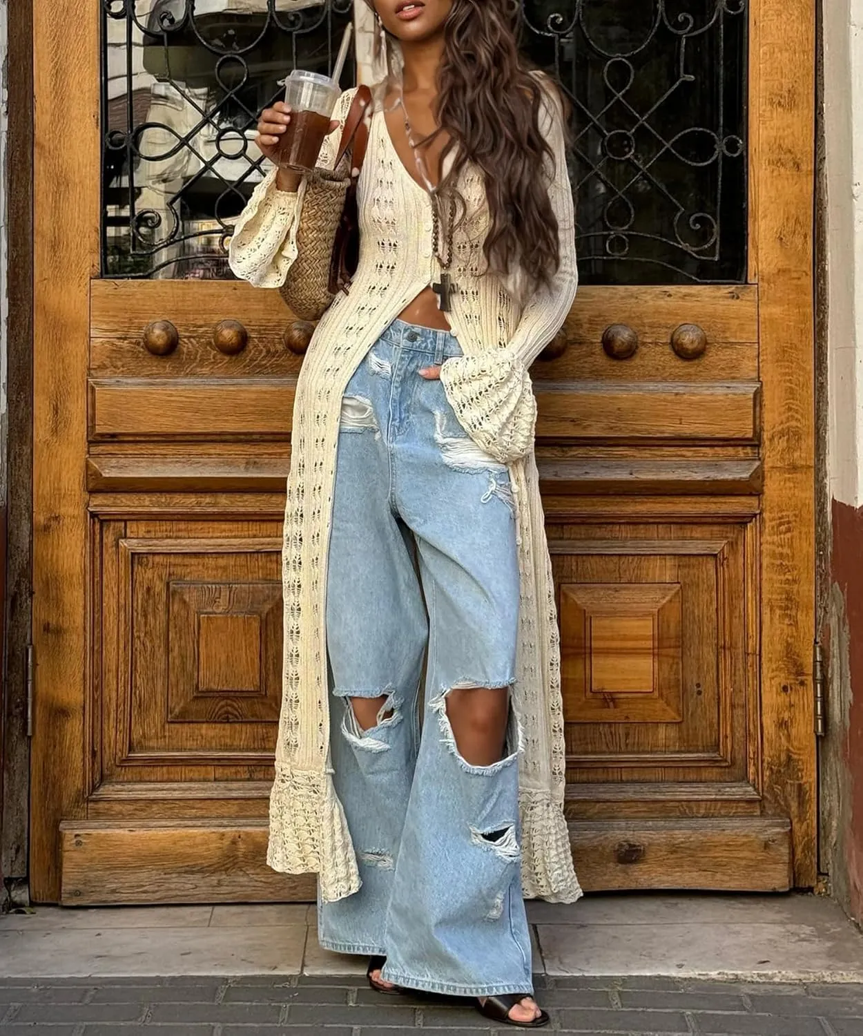LETSVDO Womens Long Crochet Cardigan Bell Sleeve Ruffle Knit Hollow Out Lightweight Duster Sweater Beach Cover up Dress