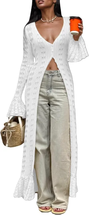 LETSVDO Womens Long Crochet Cardigan Bell Sleeve Ruffle Knit Hollow Out Lightweight Duster Sweater Beach Cover up Dress