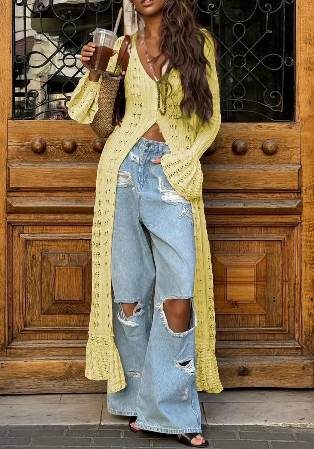 LETSVDO Womens Long Crochet Cardigan Bell Sleeve Ruffle Knit Hollow Out Lightweight Duster Sweater Beach Cover up Dress