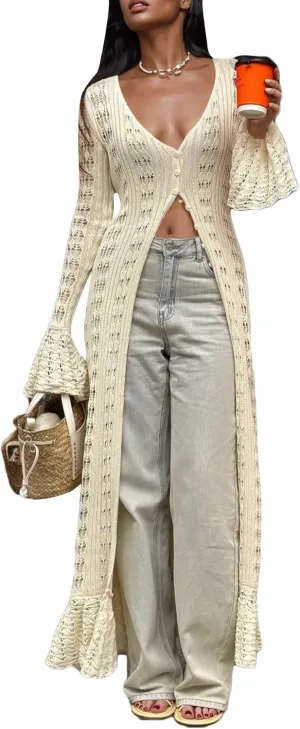 LETSVDO Womens Long Crochet Cardigan Bell Sleeve Ruffle Knit Hollow Out Lightweight Duster Sweater Beach Cover up Dress