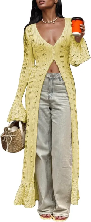 LETSVDO Womens Long Crochet Cardigan Bell Sleeve Ruffle Knit Hollow Out Lightweight Duster Sweater Beach Cover up Dress