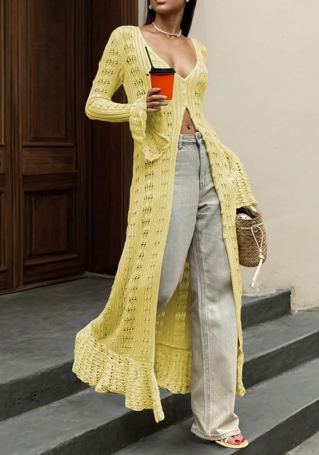 LETSVDO Womens Long Crochet Cardigan Bell Sleeve Ruffle Knit Hollow Out Lightweight Duster Sweater Beach Cover up Dress