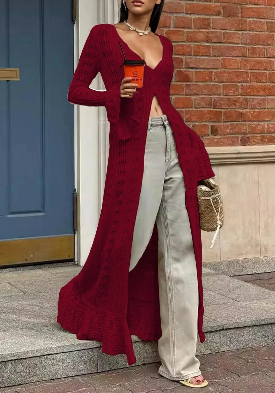 LETSVDO Womens Long Crochet Cardigan Bell Sleeve Ruffle Knit Hollow Out Lightweight Duster Sweater Beach Cover up Dress