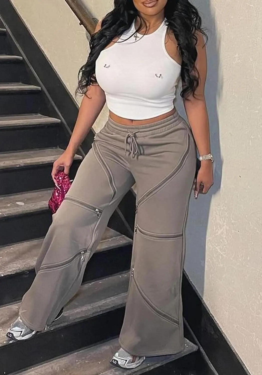 LETSVDO Women's Wide Leg Baggy Sweatpants High Waisted Patchwork Flare Pants Y2k Cut Out Multi Zipper Cargo Sweatpant