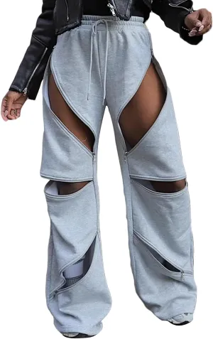 LETSVDO Women's Wide Leg Baggy Sweatpants High Waisted Patchwork Flare Pants Y2k Cut Out Multi Zipper Cargo Sweatpant