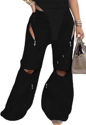 LETSVDO Women's Wide Leg Baggy Sweatpants High Waisted Patchwork Flare Pants Y2k Cut Out Multi Zipper Cargo Sweatpant