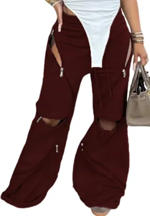 LETSVDO Women's Wide Leg Baggy Sweatpants High Waisted Patchwork Flare Pants Y2k Cut Out Multi Zipper Cargo Sweatpant
