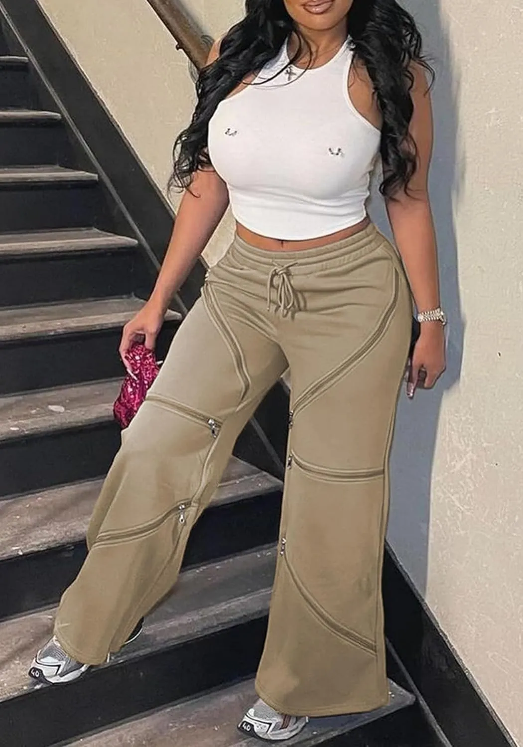 LETSVDO Women's Wide Leg Baggy Sweatpants High Waisted Patchwork Flare Pants Y2k Cut Out Multi Zipper Cargo Sweatpant
