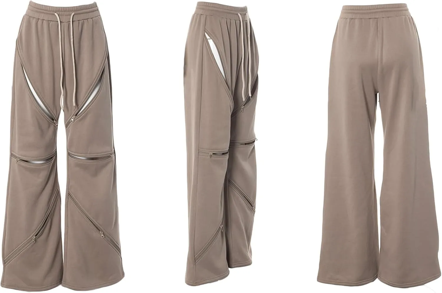 LETSVDO Women's Wide Leg Baggy Sweatpants High Waisted Patchwork Flare Pants Y2k Cut Out Multi Zipper Cargo Sweatpant