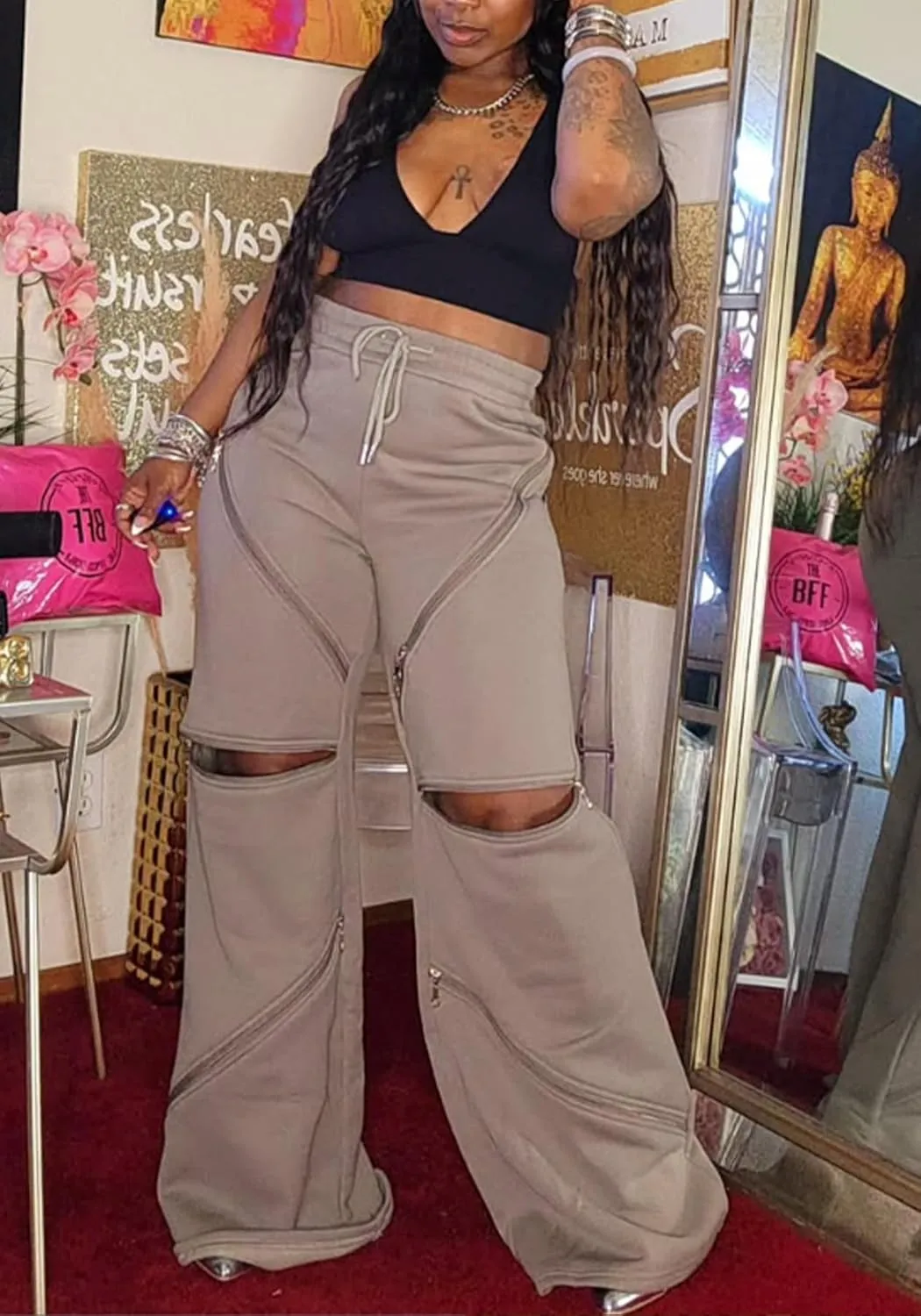 LETSVDO Women's Wide Leg Baggy Sweatpants High Waisted Patchwork Flare Pants Y2k Cut Out Multi Zipper Cargo Sweatpant