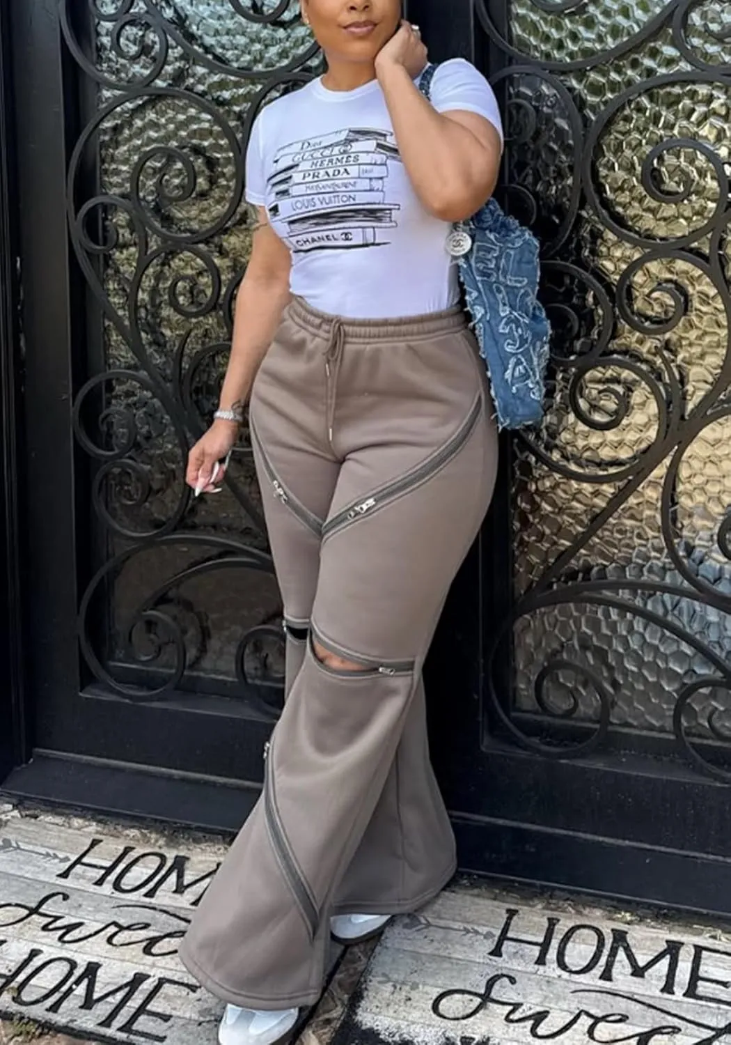 LETSVDO Women's Wide Leg Baggy Sweatpants High Waisted Patchwork Flare Pants Y2k Cut Out Multi Zipper Cargo Sweatpant
