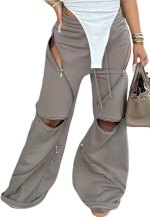 LETSVDO Women's Wide Leg Baggy Sweatpants High Waisted Patchwork Flare Pants Y2k Cut Out Multi Zipper Cargo Sweatpant