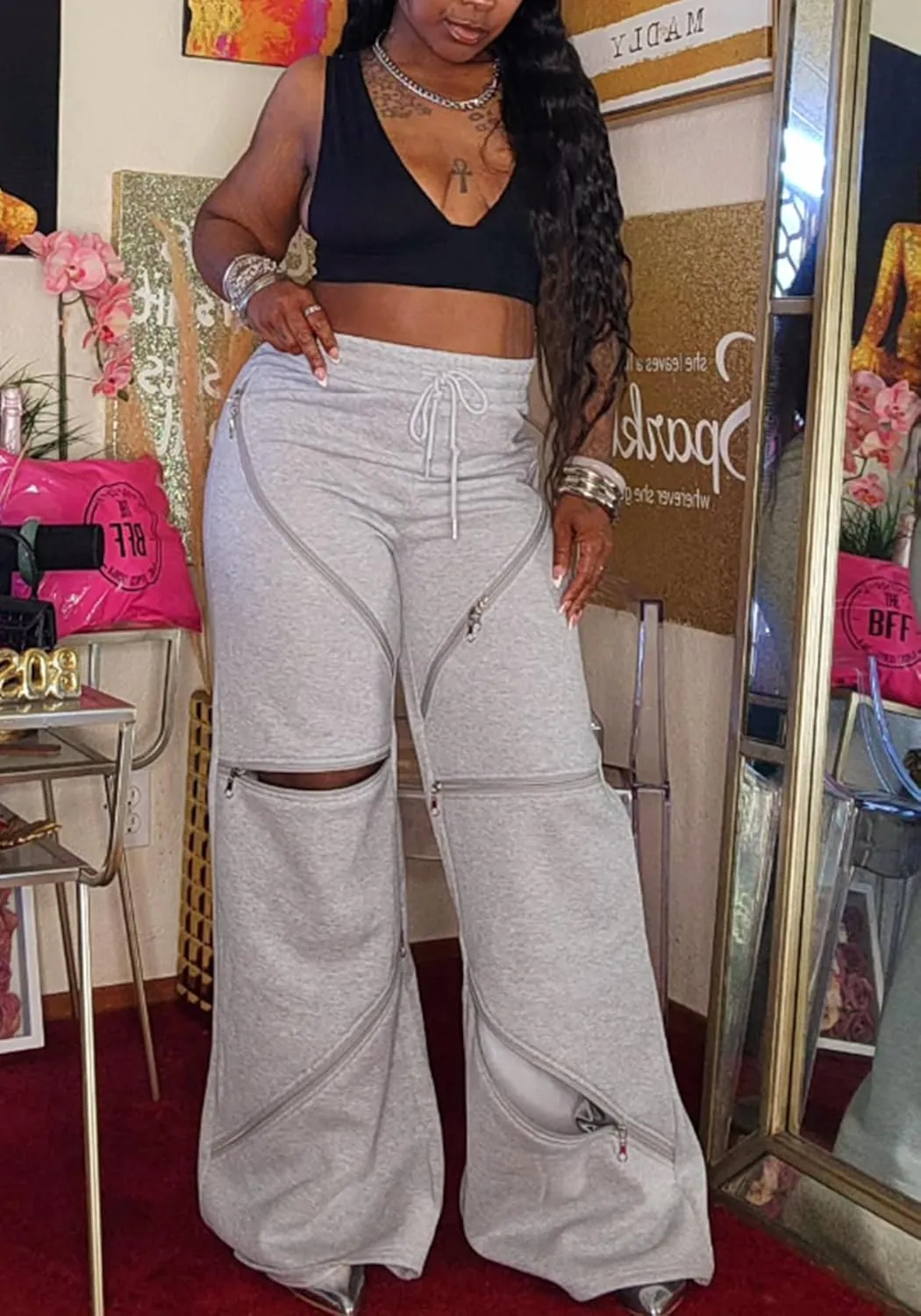 LETSVDO Women's Wide Leg Baggy Sweatpants High Waisted Patchwork Flare Pants Y2k Cut Out Multi Zipper Cargo Sweatpant