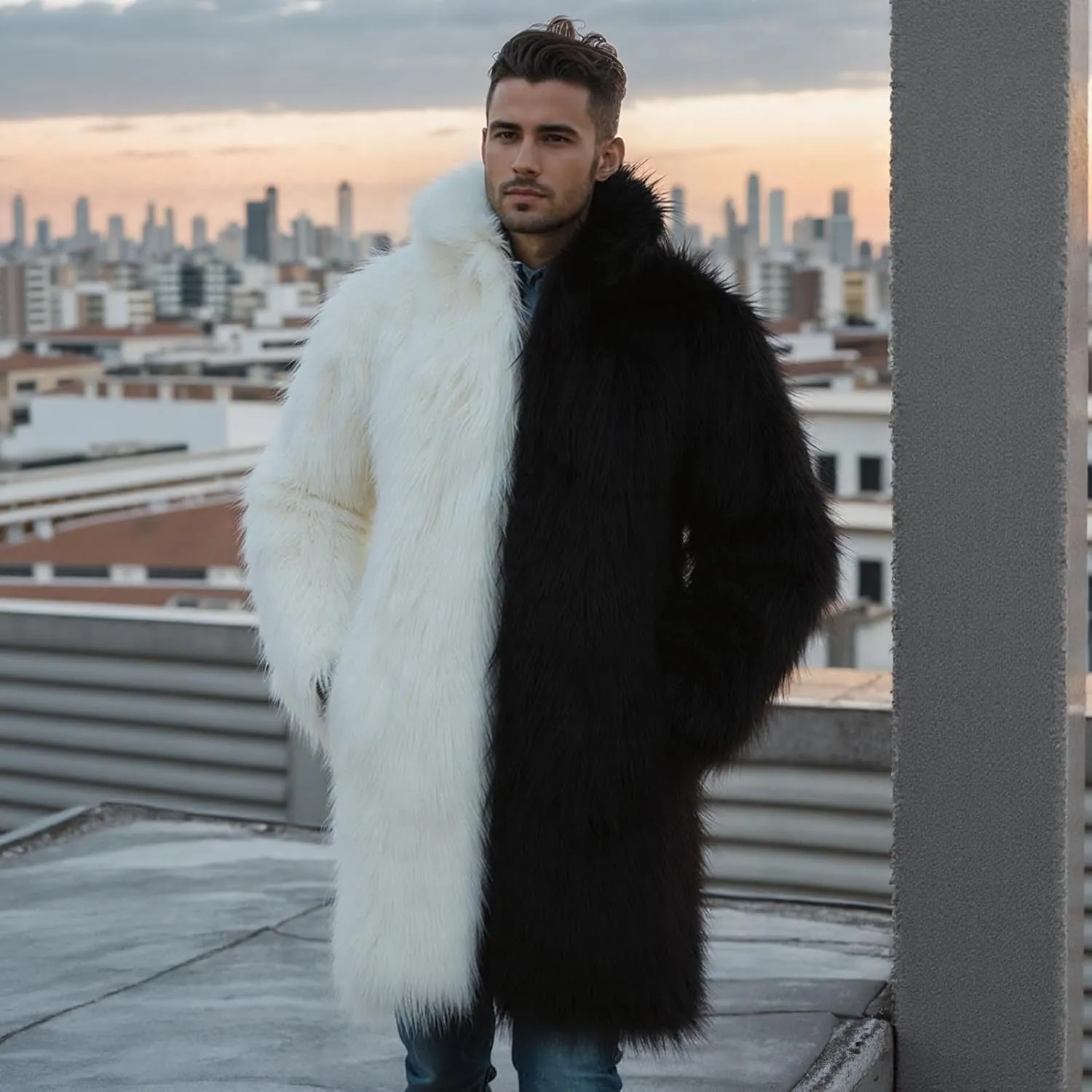 Lisa Colly Men's Faux Fur Coat Jacket Winter Fluffy Coat Outwear Long Parka Overcoat