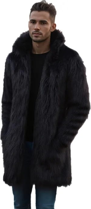Lisa Colly Men's Faux Fur Coat Jacket Winter Fluffy Coat Outwear Long Parka Overcoat