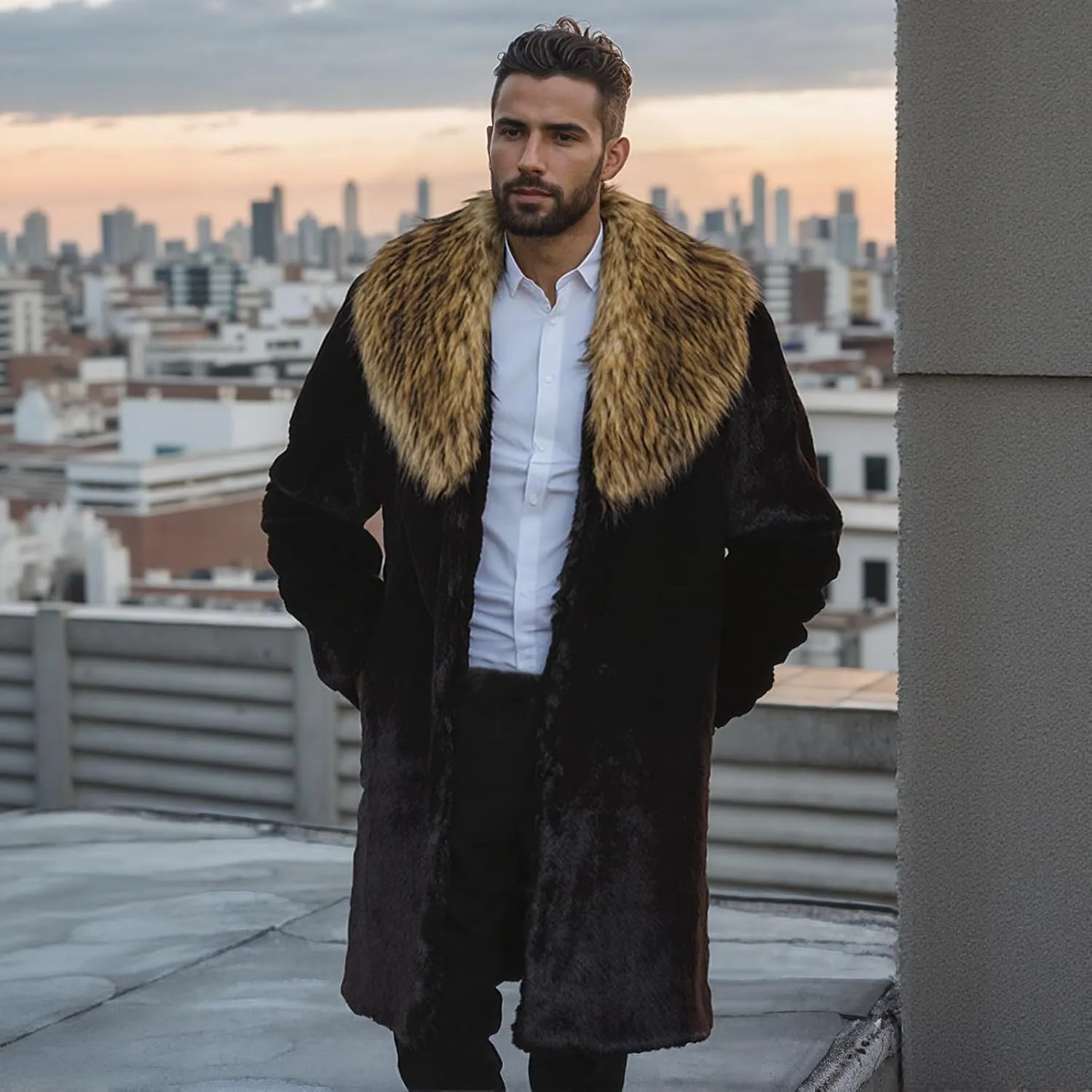 Lisa Colly Men's Faux Fur Coat Jacket Winter Fluffy Coat Outwear Long Parka Overcoat