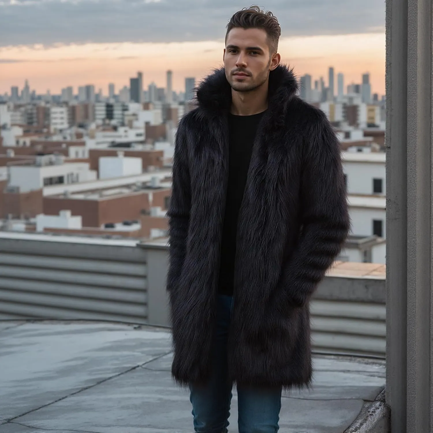 Lisa Colly Men's Faux Fur Coat Jacket Winter Fluffy Coat Outwear Long Parka Overcoat