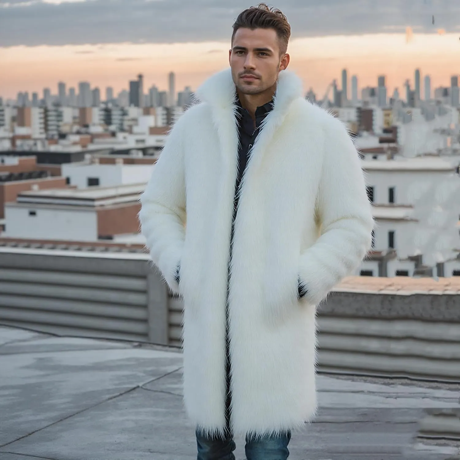 Lisa Colly Men's Faux Fur Coat Jacket Winter Fluffy Coat Outwear Long Parka Overcoat