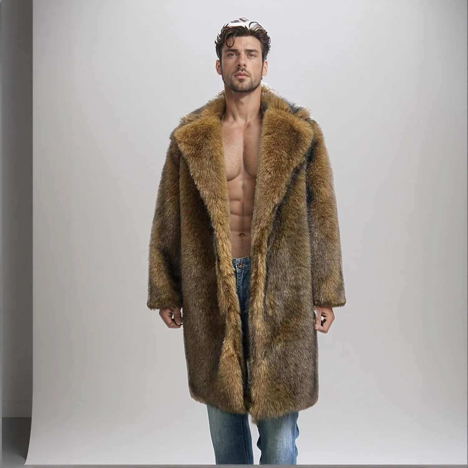 Lisa Colly Men's Faux Fur Coat Jacket Winter Fluffy Coat Outwear Long Parka Overcoat
