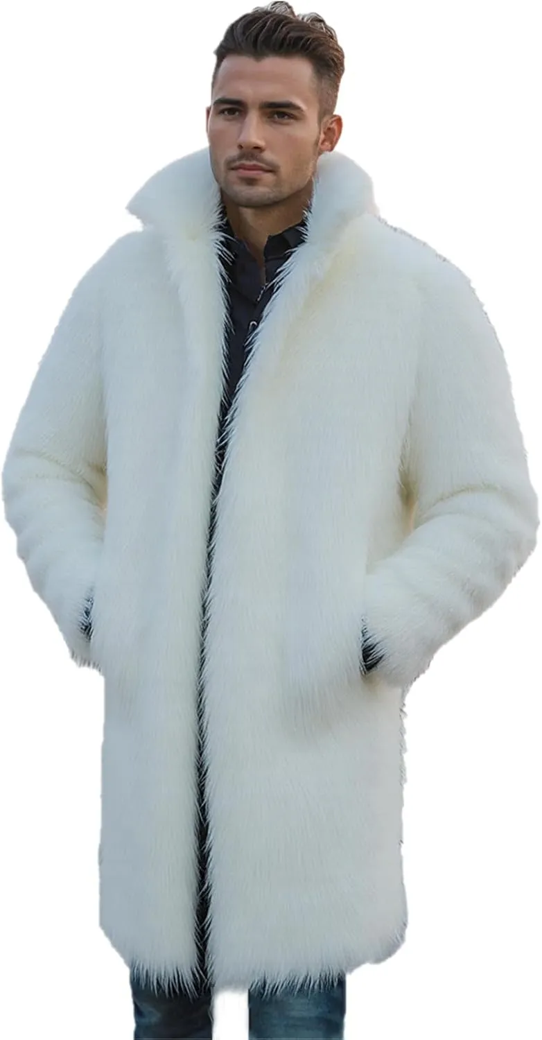 Lisa Colly Men's Faux Fur Coat Jacket Winter Fluffy Coat Outwear Long Parka Overcoat