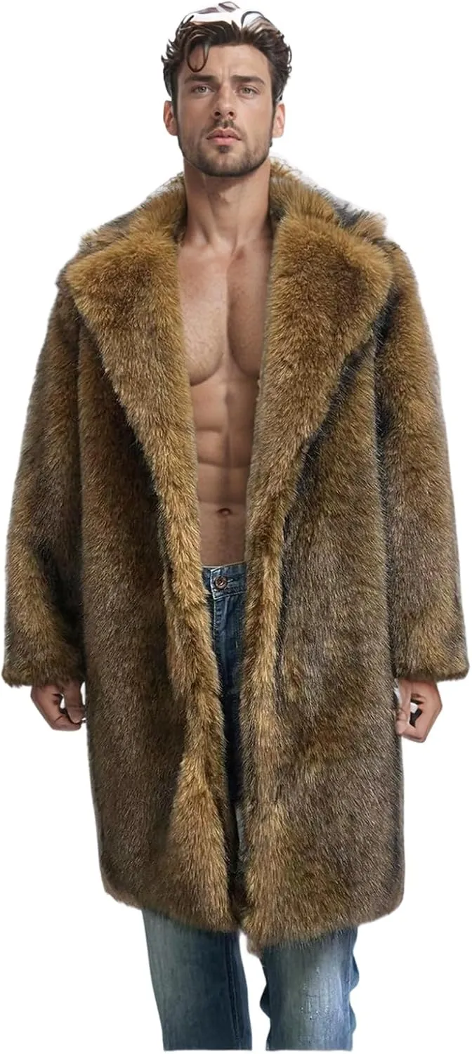 Lisa Colly Men's Faux Fur Coat Jacket Winter Fluffy Coat Outwear Long Parka Overcoat
