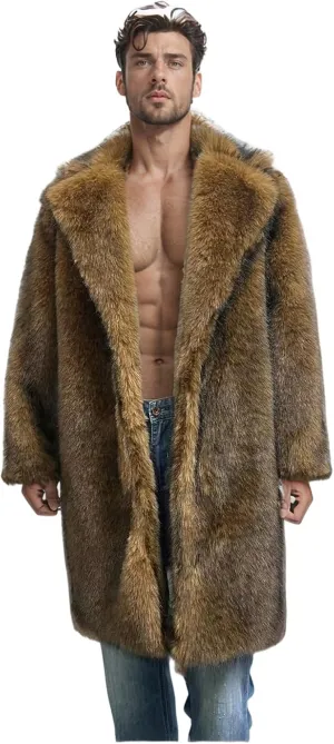 Lisa Colly Men's Faux Fur Coat Jacket Winter Fluffy Coat Outwear Long Parka Overcoat