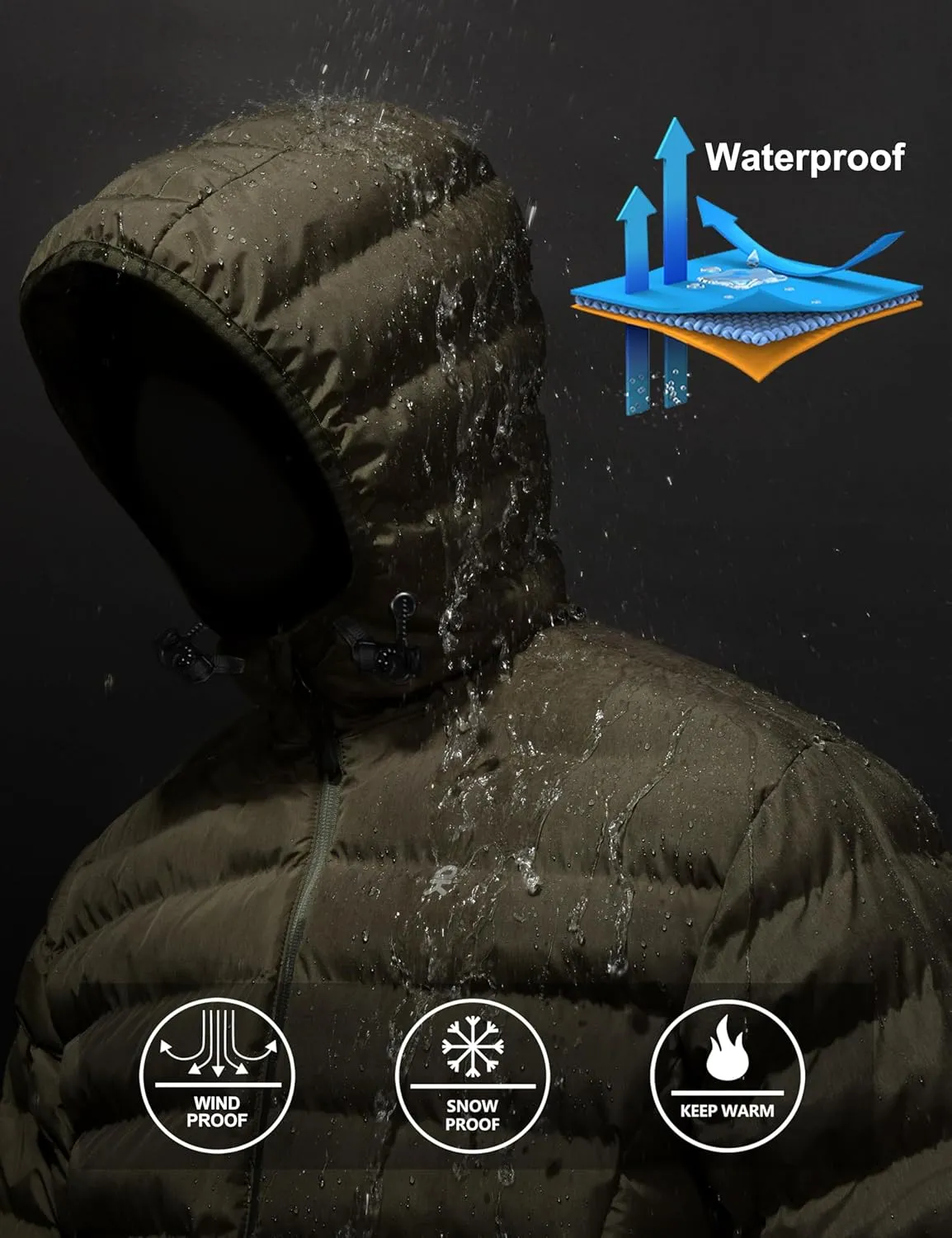 Little Donkey Andy Men's Warm Waterproof Puffer Jacket Hooded Windproof Winter Coat with Recycled Insulation