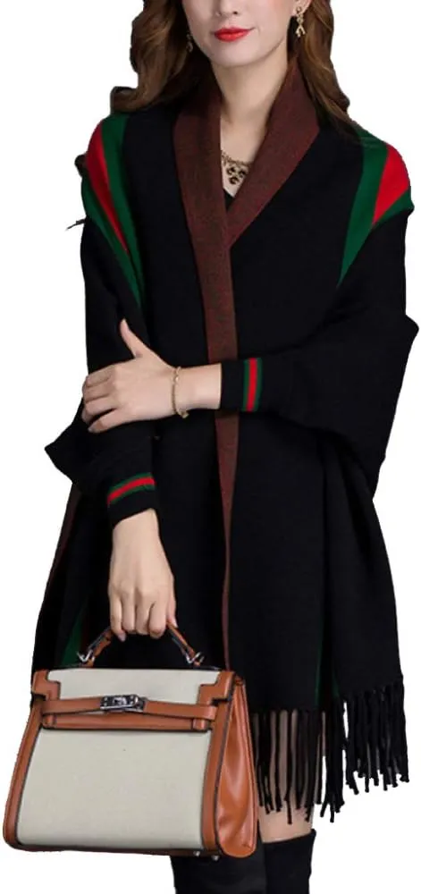 LIULIFE Tassel Shawl Spring Autumn Women's Cloak Scarf Dual-use Cardigan with Sleeves Cape Poncho,Black-OneSize
