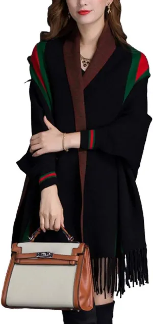 LIULIFE Tassel Shawl Spring Autumn Women's Cloak Scarf Dual-use Cardigan with Sleeves Cape Poncho,Black-OneSize