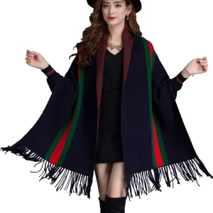 LIULIFE Tassel Shawl Spring Autumn Women's Cloak Scarf Dual-use Cardigan with Sleeves Cape Poncho,Blue-OneSize
