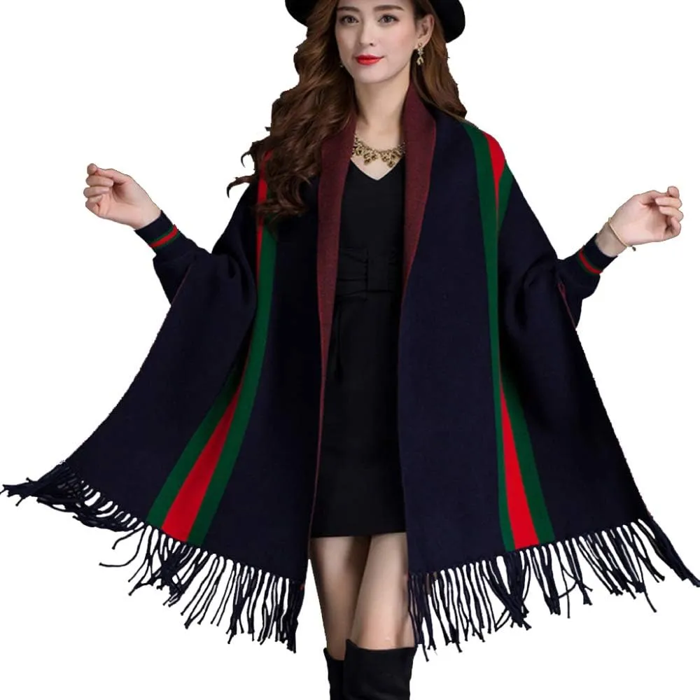 LIULIFE Tassel Shawl Spring Autumn Women's Cloak Scarf Dual-use Cardigan with Sleeves Cape Poncho,Blue-OneSize
