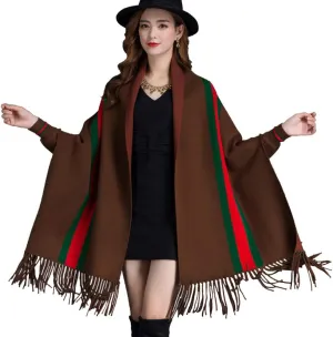 LIULIFE Tassel Shawl Spring Autumn Women's Cloak Scarf Dual-use Cardigan with Sleeves Cape Poncho,Green-OneSize