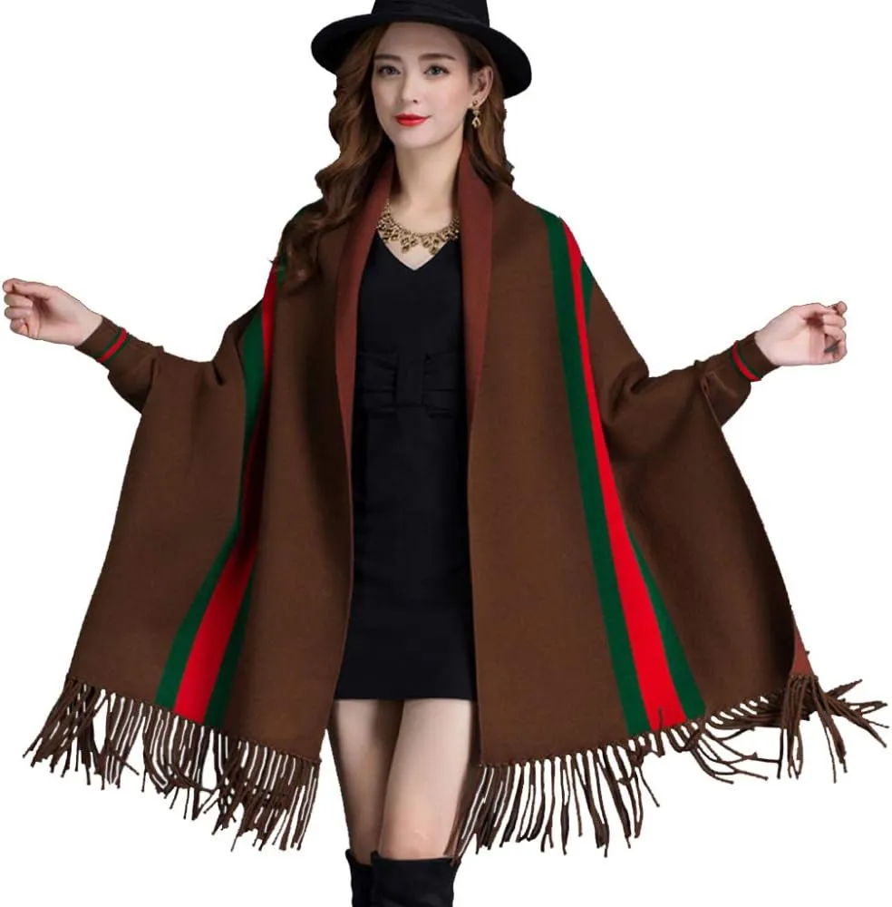 LIULIFE Tassel Shawl Spring Autumn Women's Cloak Scarf Dual-use Cardigan with Sleeves Cape Poncho,Green-OneSize
