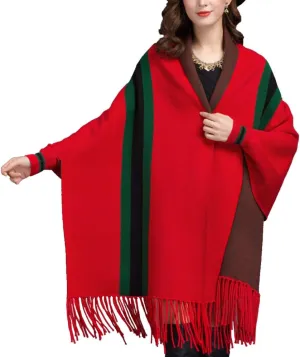 LIULIFE Tassel Shawl Spring Autumn Women's Cloak Scarf Dual-use Cardigan with Sleeves Cape Poncho,Red-OneSize