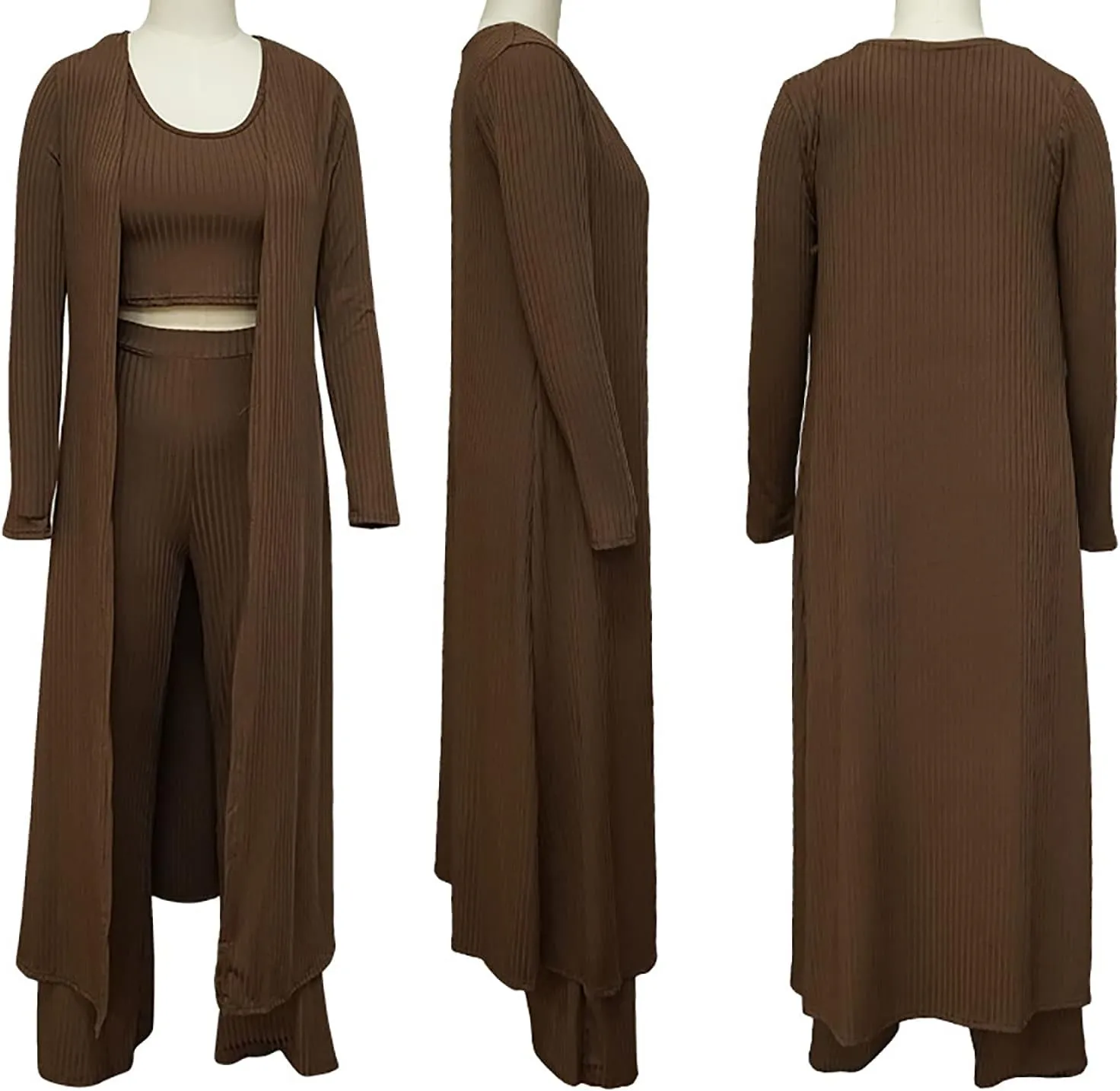 LKOUS 3 Piece Suit for Women's Solid Long Sleeve Open Front Long Coat and Crop Tank Top with Leggings Loungewear