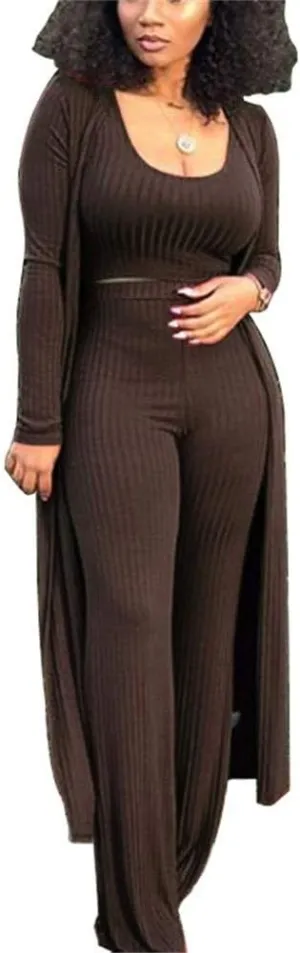 LKOUS 3 Piece Suit for Women's Solid Long Sleeve Open Front Long Coat and Crop Tank Top with Leggings Loungewear