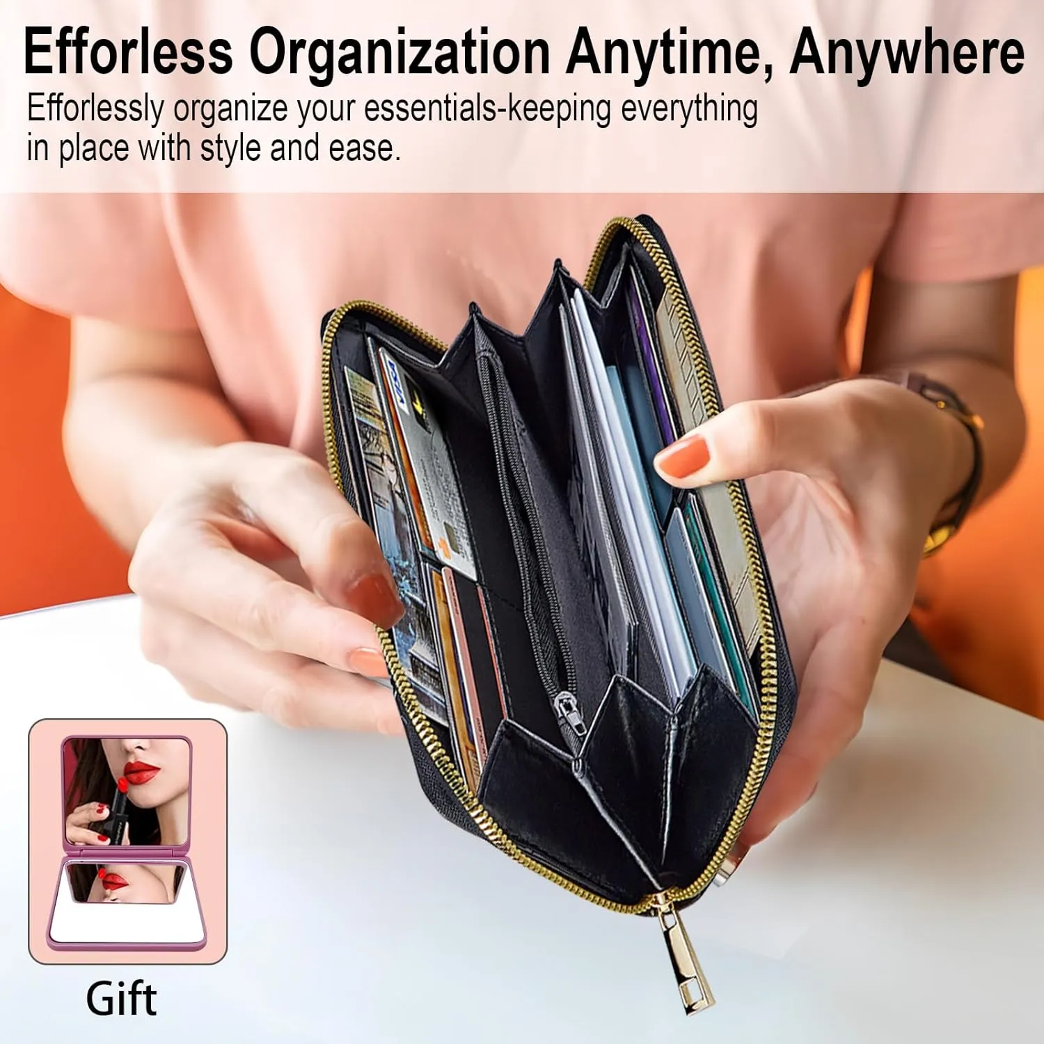 Long Wallet for Women, PU Leather Wristlet Wallets, Hummingbird Flower Credit Card Holder for Women, Convenient Travel Wallet with Wrist strap and Pink Mirror, Fashion and Sturdy Wallet.