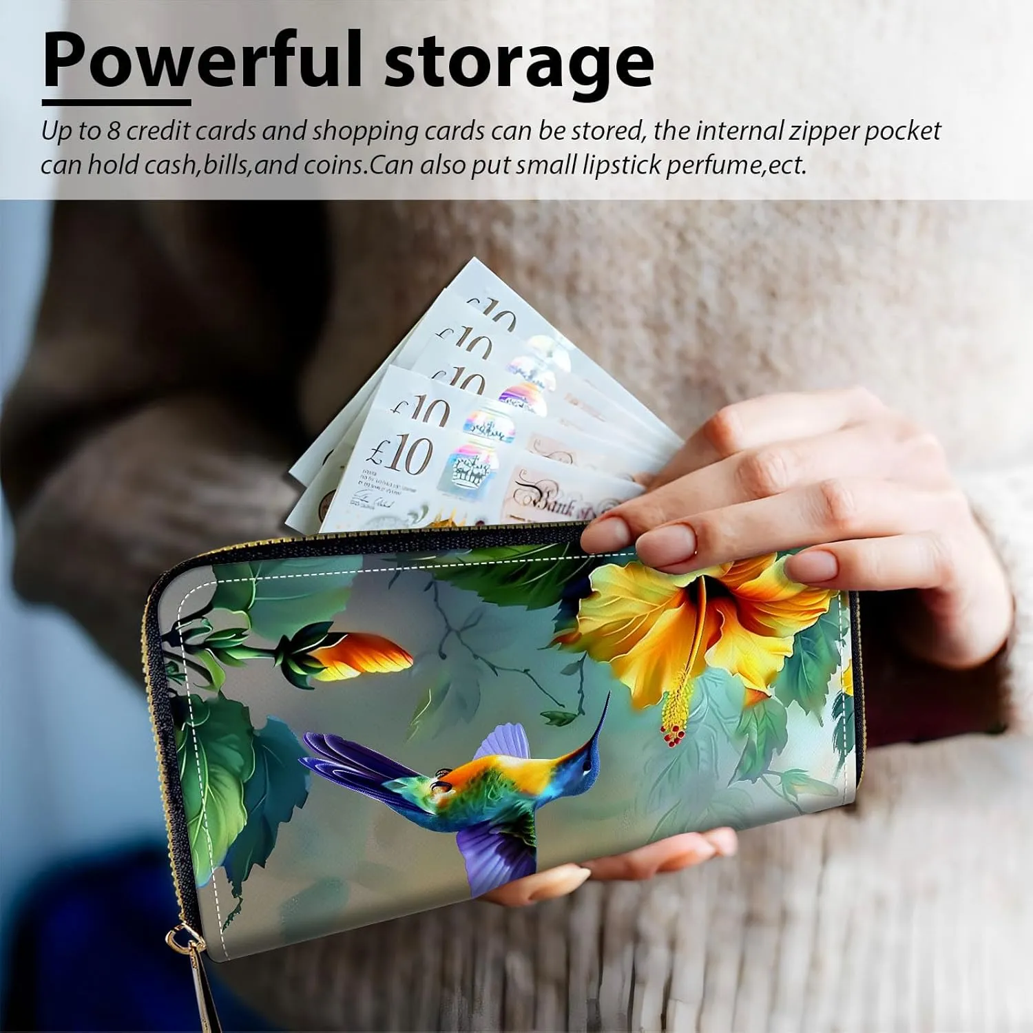 Long Wallet for Women, PU Leather Wristlet Wallets, Hummingbird Flower Credit Card Holder for Women, Convenient Travel Wallet with Wrist strap and Pink Mirror, Fashion and Sturdy Wallet.