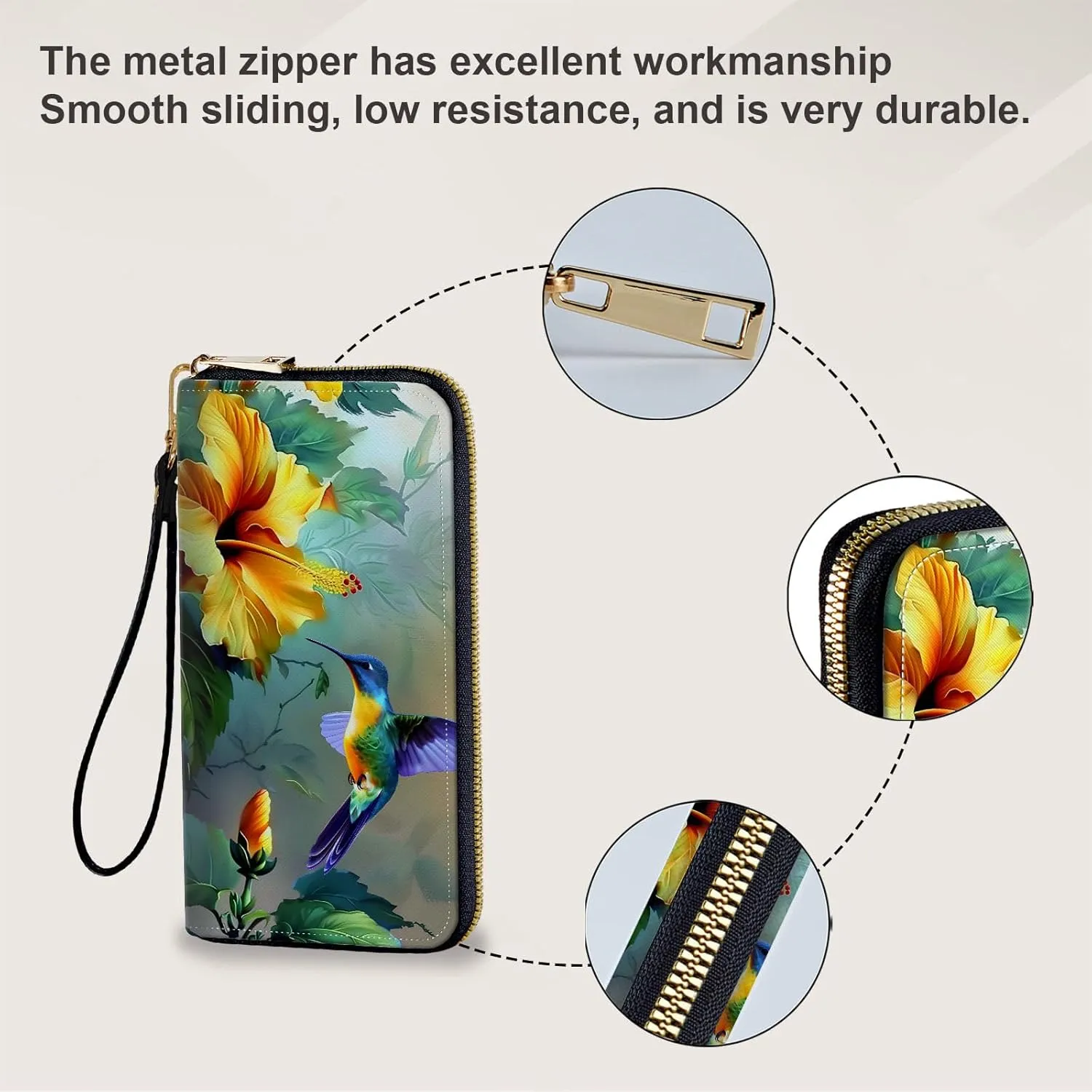 Long Wallet for Women, PU Leather Wristlet Wallets, Hummingbird Flower Credit Card Holder for Women, Convenient Travel Wallet with Wrist strap and Pink Mirror, Fashion and Sturdy Wallet.