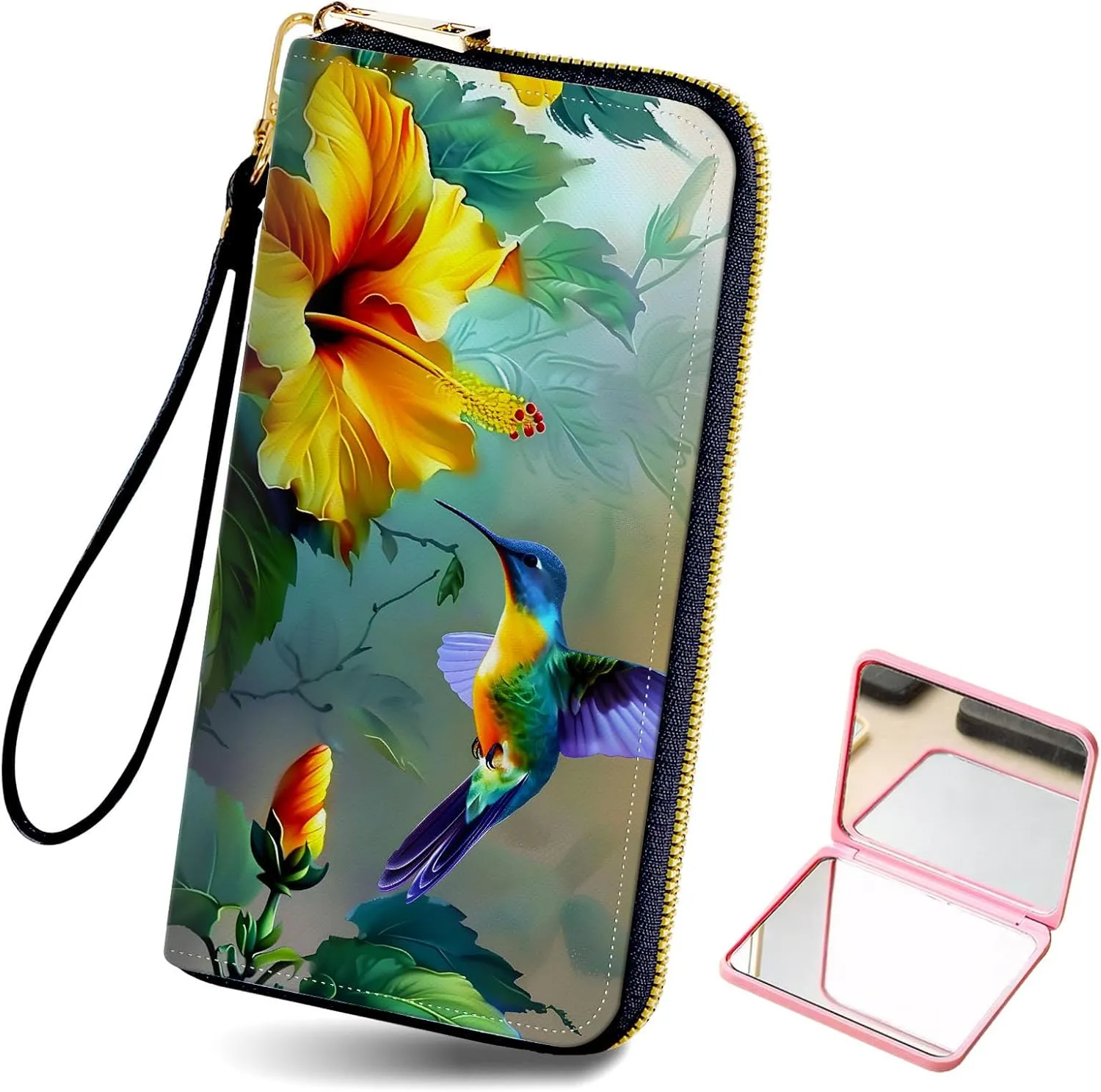 Long Wallet for Women, PU Leather Wristlet Wallets, Hummingbird Flower Credit Card Holder for Women, Convenient Travel Wallet with Wrist strap and Pink Mirror, Fashion and Sturdy Wallet.
