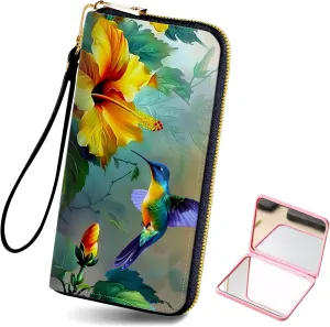 Long Wallet for Women, PU Leather Wristlet Wallets, Hummingbird Flower Credit Card Holder for Women, Convenient Travel Wallet with Wrist strap and Pink Mirror, Fashion and Sturdy Wallet.