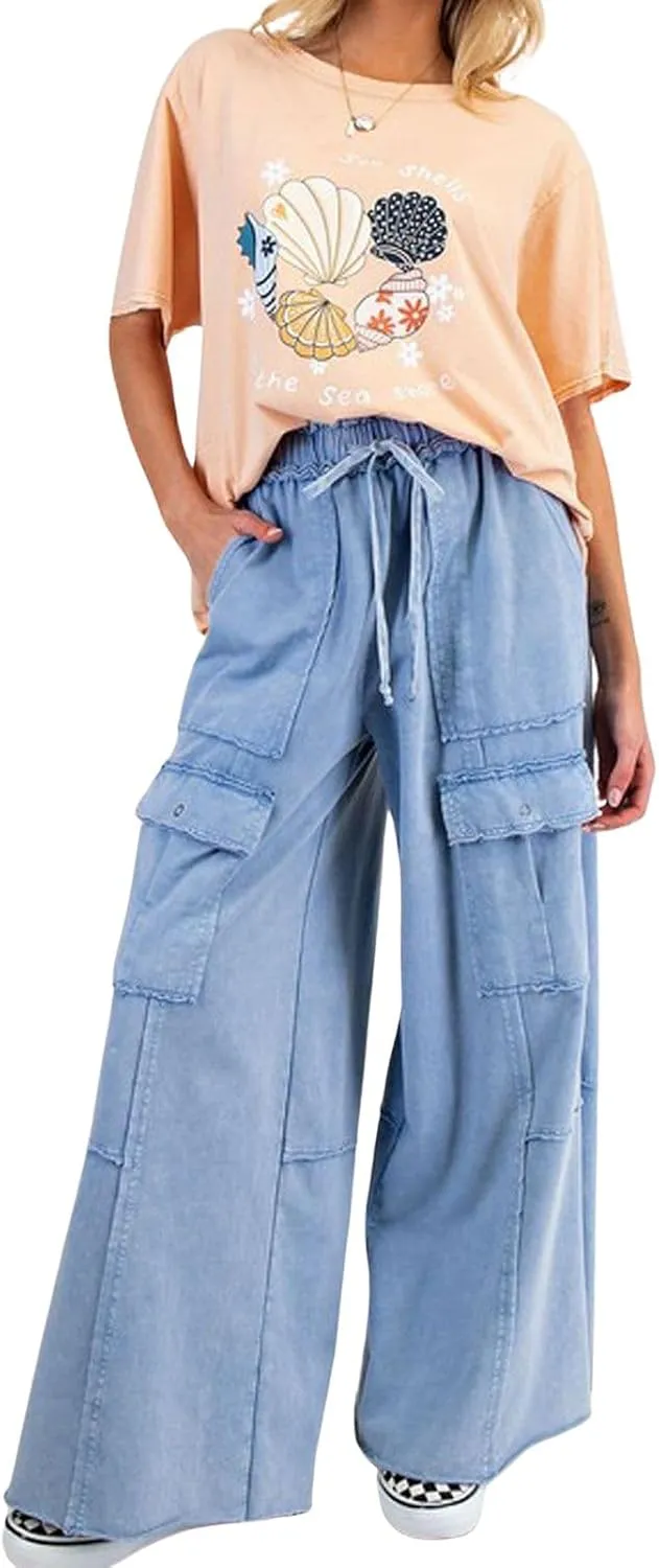 loveimgs Women 2025 Baggy High Waisted Wide Leg Cargo Pants Pockets Y2k Utility Pants Palazzo Sweatpants Slacks Trousers