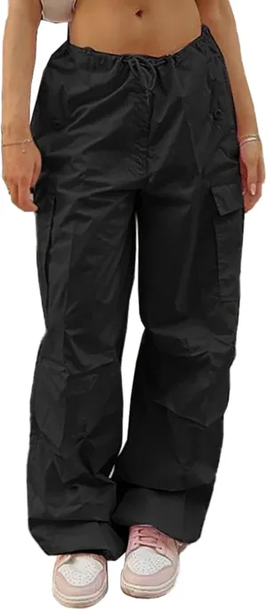 LQI Parachute Pants for Women Y2K Baggy Cargo Pants Drawstring Trousers Low Rise Loose Jogger Sweatpants