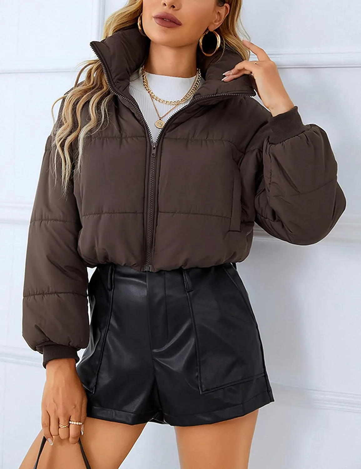 Lumister Womens Lightweight Quilted Jacket Long Sleeve Stand Collar Zipper Cropped Puffer Jacket Coat