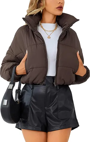 Lumister Womens Lightweight Quilted Jacket Long Sleeve Stand Collar Zipper Cropped Puffer Jacket Coat