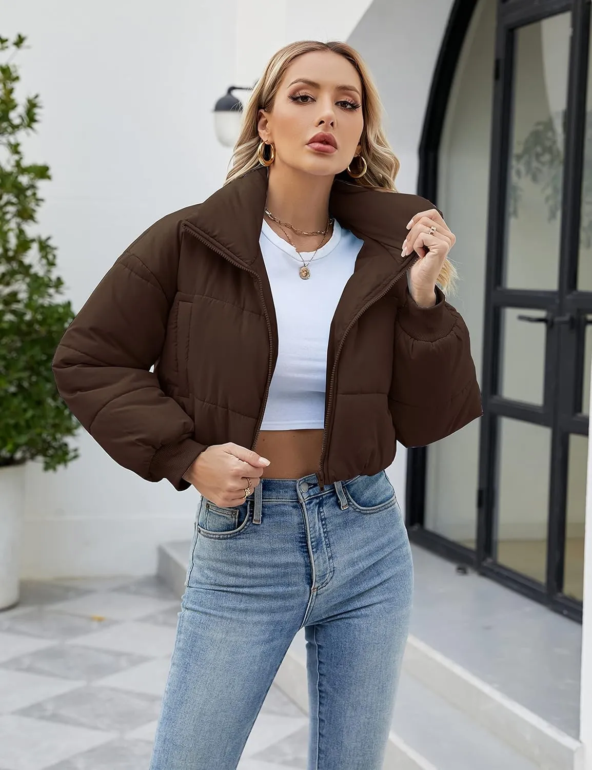 Lumister Womens Lightweight Quilted Jacket Long Sleeve Stand Collar Zipper Cropped Puffer Jacket Coat
