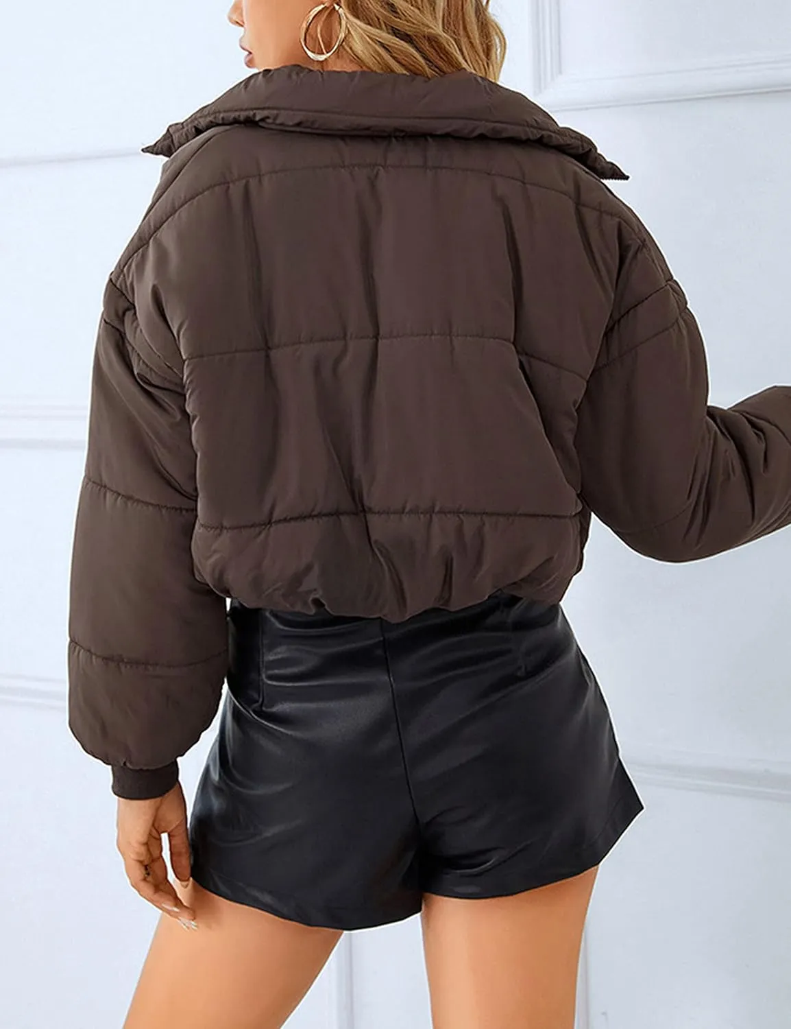 Lumister Womens Lightweight Quilted Jacket Long Sleeve Stand Collar Zipper Cropped Puffer Jacket Coat