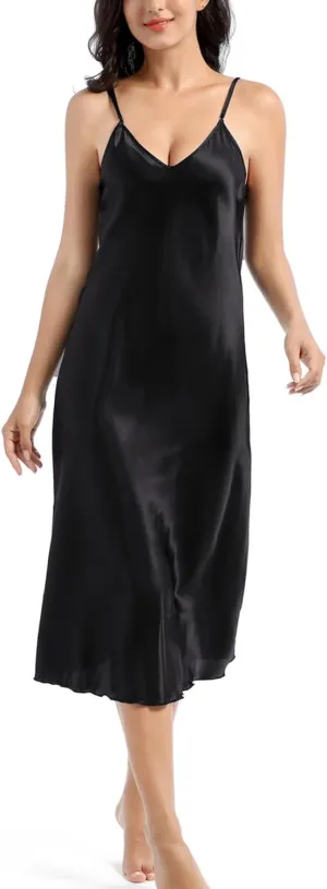 Lu's Chic Women's Satin Nightgown Spaghetti Strap Slip Nightdress Chemise Negligee Lingerie