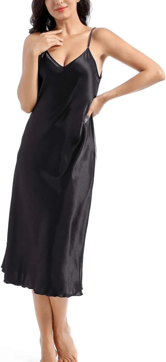 Lu's Chic Women's Satin Nightgown Spaghetti Strap Slip Nightdress Chemise Negligee Lingerie