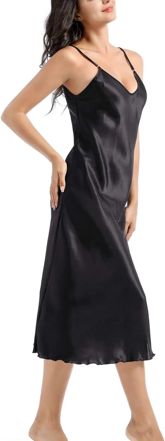 Lu's Chic Women's Satin Nightgown Spaghetti Strap Slip Nightdress Chemise Negligee Lingerie